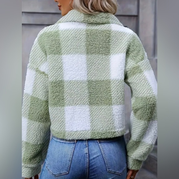 New Teddy Plaid Mint Green White Coat Button Front Long Sleeve Outerwear NWT - Picture 10 of 13